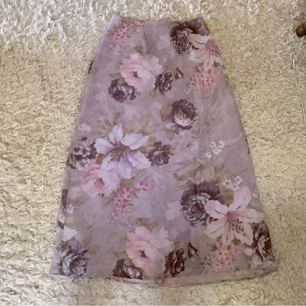 Dress Barn Crinkle Flowered Maxi Skirt in Purple and Pink